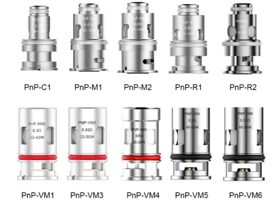 Испарители Voopoo серии PnP с различными сопротивлениями, включая модели PnP-C1, M1, M2, R1, R2, VM1, VM3, VM4, VM5, VM6